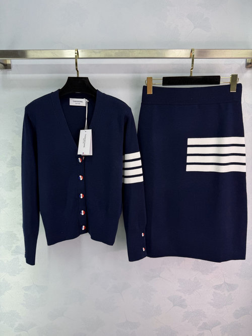 Thom Browne Classic Knitted Set with V-neck Cardigan and High-waisted Skirt, Iconic Stripes, Sophistication