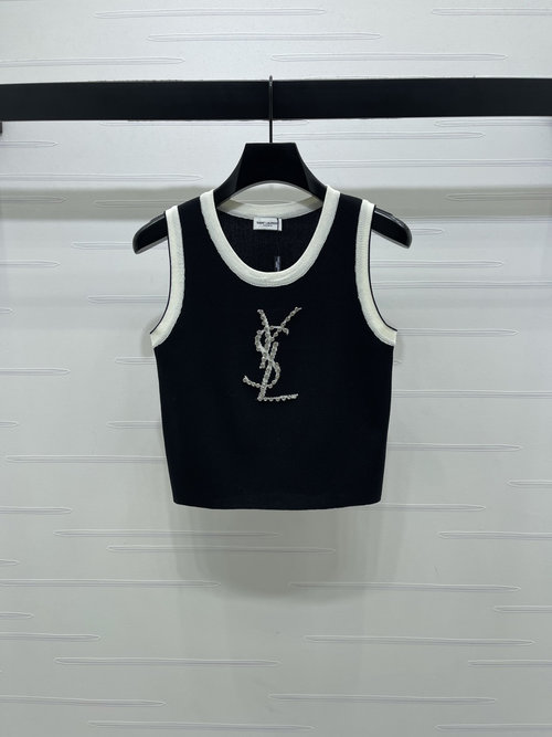 Yves Saint Laurent Diamond-Encrusted Logo Round Neck Knitted Vest, Premium Soft Fabric