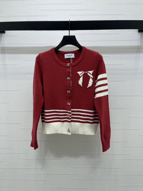 Thom Browne Elegant Knit Cardigan with Rhinestone Bow Buttons, Spring Collection