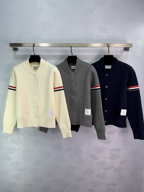 Thom Browne Classic Baseball - Collar Knit Cardigan with Red - White - Blue Sleeve Stripes