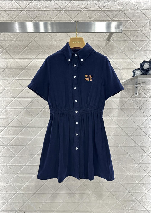 Miu Miu Imported Corduroy Shirt Dress in Navy Blue with Leather Accents
