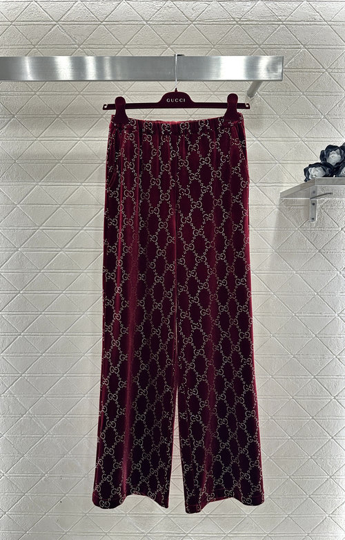 Gucci Stylish Wine Red Silk Velvet Diamond Pants