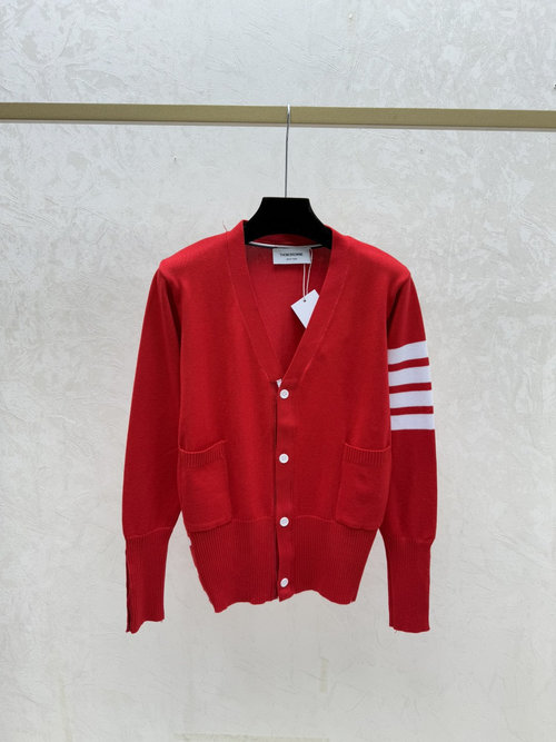 Thom Browne V-Neck Long-Sleeve Knit Cardigan with Color-Blocked Stripes in Red