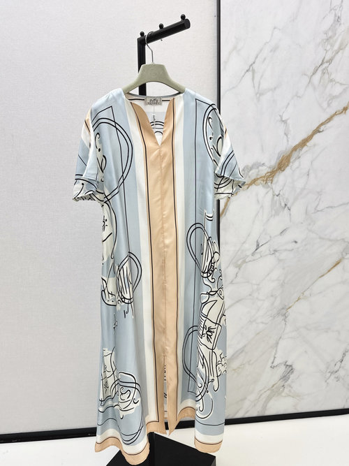 Hermes Silk Kaftan Dress with Split and All-over Print, V-neck