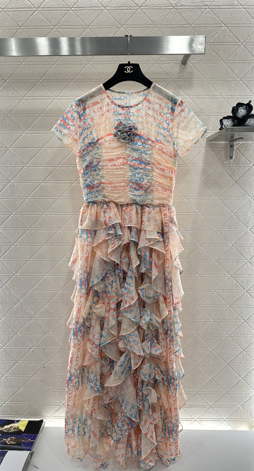 Chanel Charming Floral Silk Dress with Ruffled Hem and Camellia Embellishment