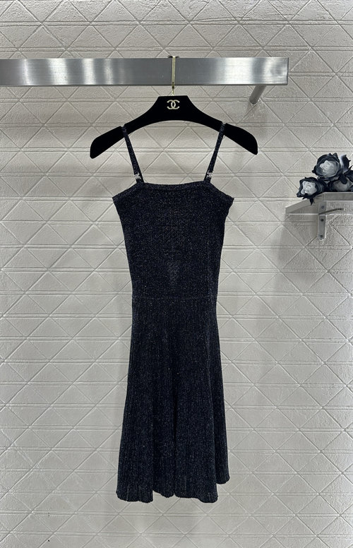 Chanel Elegant Knitted Dress with Double C Crystal Strap Accents