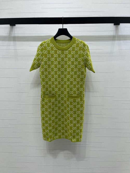 Gucci Elegant Jacquard Knit Round-neck Short-sleeve Dress with Double G Print