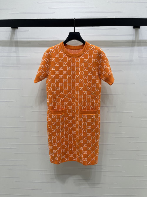 Gucci Elegant Jacquard Knit Round-neck Short-sleeve Dress with Double G Print