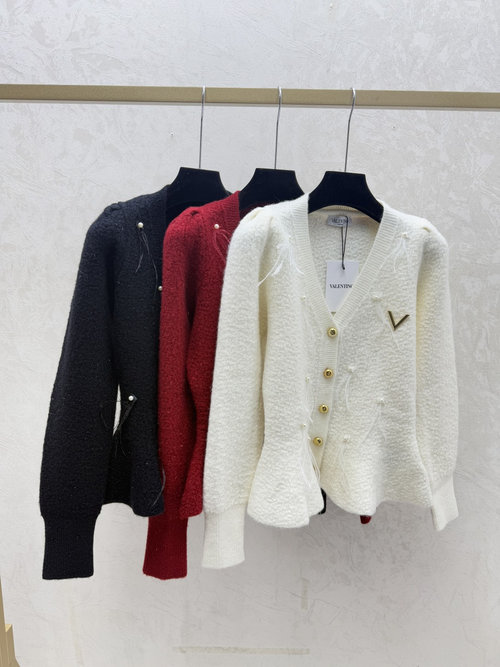 Valentino Beaded Feather Ruffled V-Neck Long Sleeve Knitted Cardigan in Multiple Colors