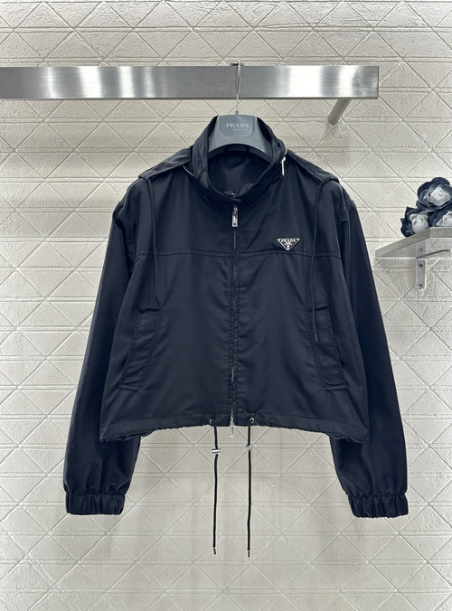 Prada Short Zip-up Windbreaker with Drawstring, Stylish & Practical
