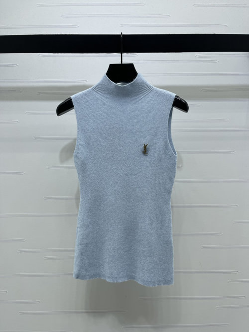 Yves Saint Laurent Metal Logo Knit Vest with Chest Pin and Fine Vertical Stripes