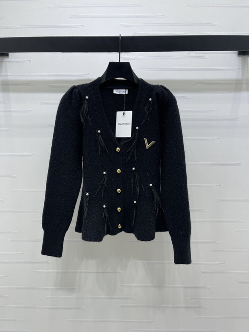 Valentino Sophisticated Pearl-Embellished Raglan V-neck Knit Cardigan in Fine Wool