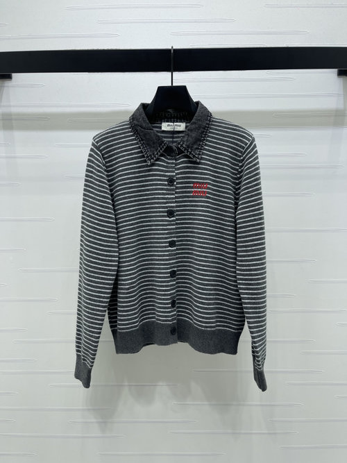 Miu Miu Stripe Two-Tone Knit Cardigan with Embroidered Logo, Relaxed and Elegant