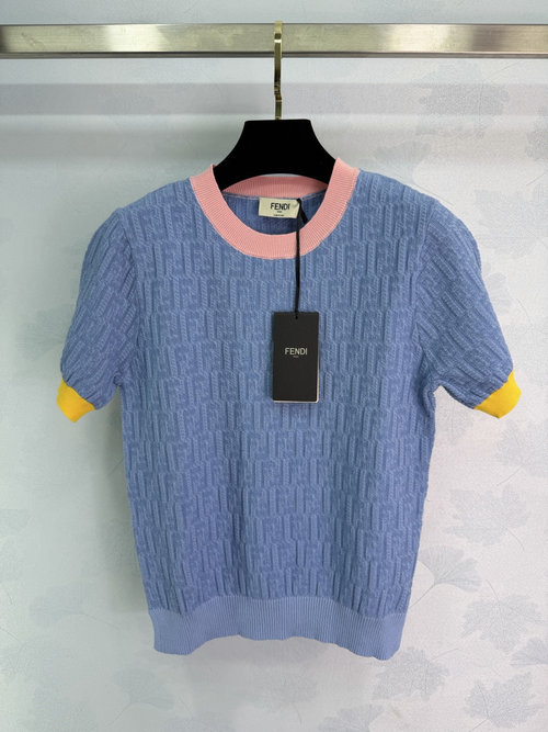 Fendi Color-Block Knit Short Sleeve with Distinctive FF Logo Texture