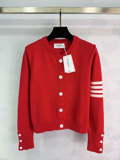 Thom Browne Classic Knit Cardigan with Four - Stripe Cuffs and Sausage Dog Embroidery