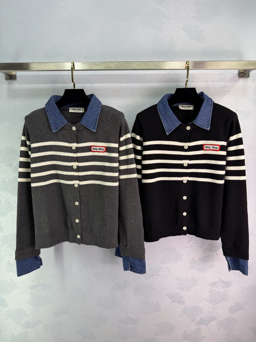 Miu Miu Denim - Collared Striped Knit Cardigan with Embroidered Logo and Layered Look