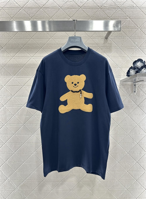 Prada Short-Sleeve T-Shirt with Embroidered Teddy Bear, Charming and Fashionable