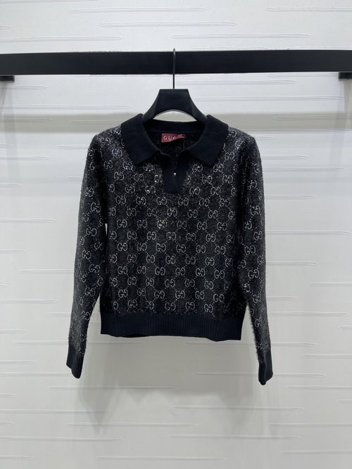 Gucci Wool Blend Knit Sweater Adorned with Sparkling Rhinestone Logo
