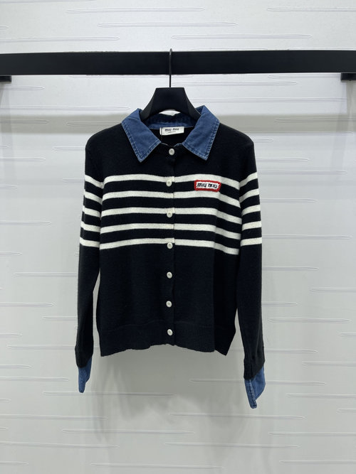 Miu Miu Denim-stitched Striped Collared Knit Cardigan