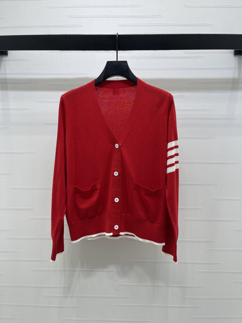 Thom Browne V-Neck Long-Sleeve Cardigan with Stripes, High-Quality Wool