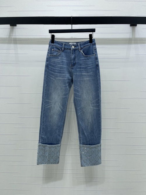 Chanel Breathable and Stylish High-waisted Studded Straight-leg Jeans