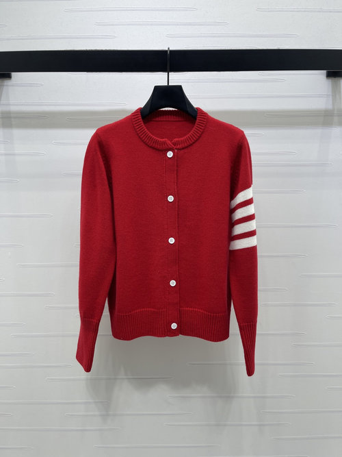 Thom Browne Round-Neck Long-Sleeve Cardigan with Stripes, Premium Wool