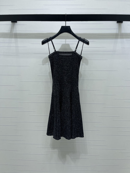 Chanel Hollow Knit Sling Dress with Double C Diamond Decoration