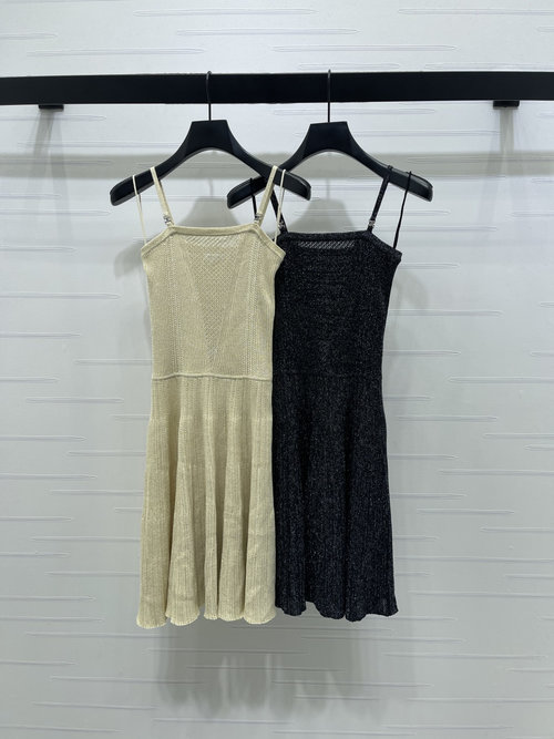 Chanel Hollow Knit Sling Dress with Double C Diamond Decoration