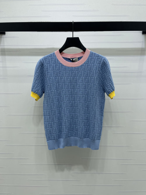 Fendi Contrast-Color Round-Neck Knit Short-Sleeved Top with Double F Jacquard