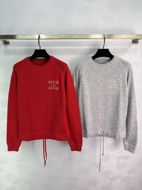 Celine Soft Woolen Cardigan with Embroidered Logo and Adjustable Waist Drawstring Detail