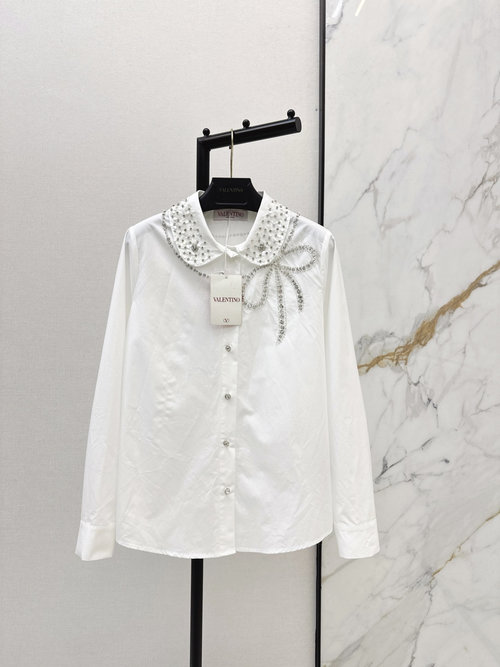 Valentino Water-Diamond Bow Decorated Doll-Collared Cotton Shirt