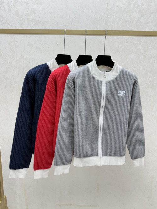 Celine Color-Blocking Simple Round Neck Knit Long Sleeve Cardigan