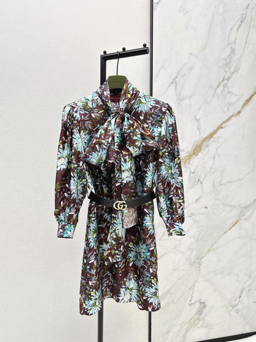 Gucci GG Oil Painting 3D Print Silk Dress with Long Sash