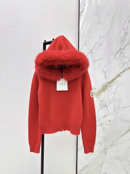 Moncler Detachable Fur-Collar Knit Cardigan with Excellent Texture