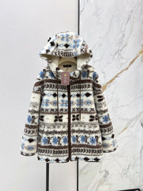 Loro Piana Fair Isle Printed Wool Hooded Plush Coat for Warmth