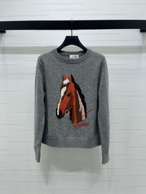 Hermes Pony Embroidery Knit Long-Sleeve Sweater