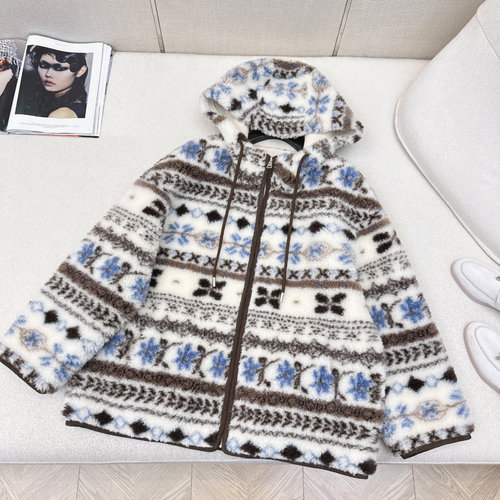 Loro Piana Exclusive Fair Isle Print Wool Hooded Fuzzy Coat, Warm and Charming