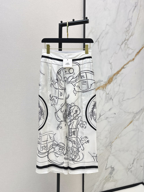 Hermes Ex Libris Printed Silk Wide-Leg Pants