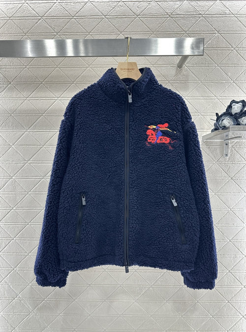 Burberry Teddy Fleece Coat with Equestrian Embroidered Badge, Navy Blue