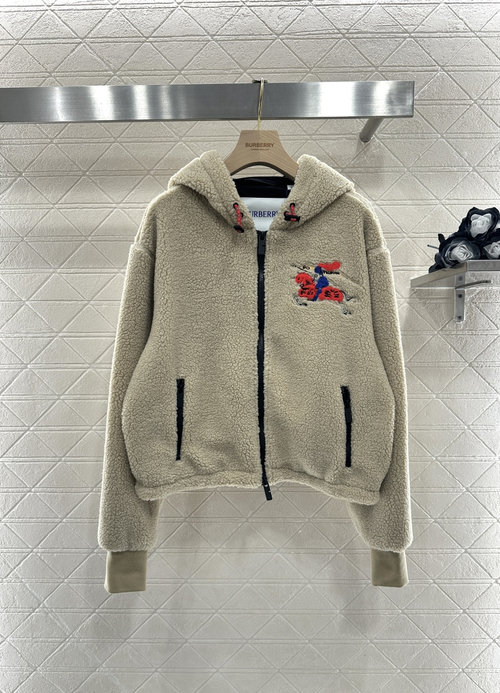 Burberry Teddy Furry Hooded Coat with Embroidered Badge