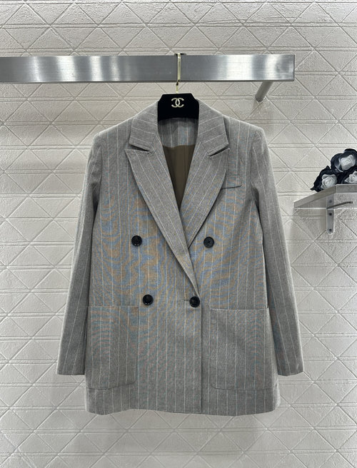 Max Mara Customized Gray Striped Double-Breasted Suit with Wide-Leg Pants