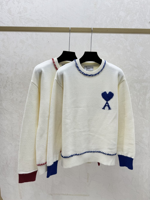 Ami Contrasting-Color Heart and Letter Round-Neck Knit Long-Sleeve in Red and Blue