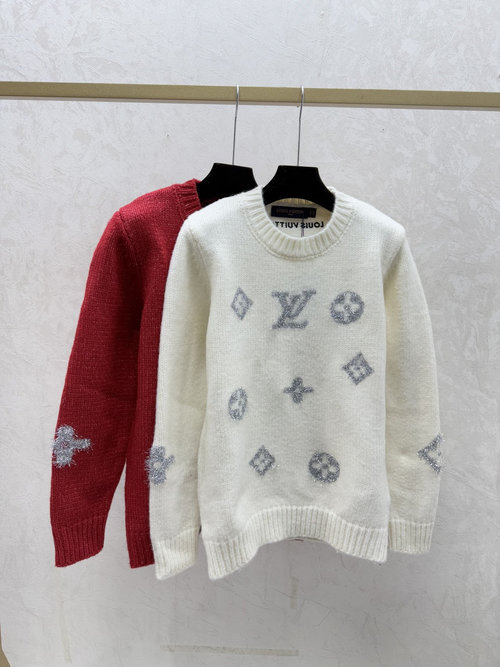 Louis Vuitton Contrast Floral Letter Round-Neck Knit Long-Sleeve in White & Red