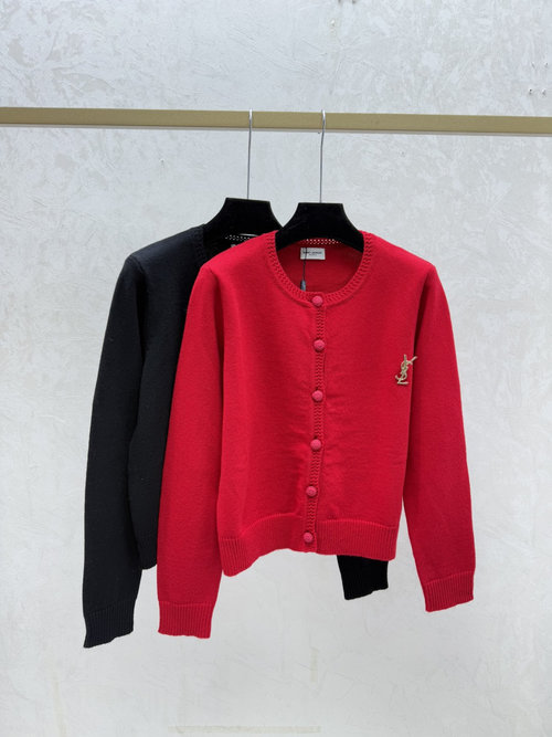 Yves Saint Laurent Solid Color Round-Neck Knit Long-Sleeve Cardigan in Red & Black
