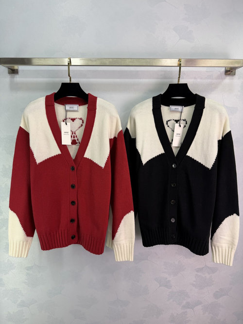 Ami V-Neck Knit Cardigan with Geometric Patchwork and Subtle Logo