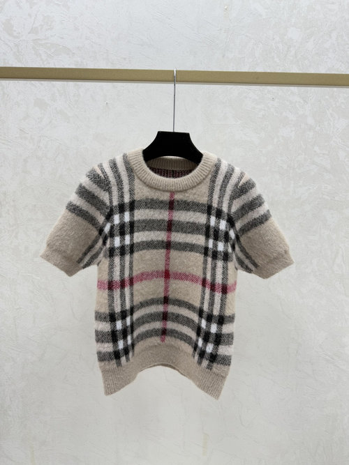 Burberry Khaki Color-Blocked Checked Knit Top