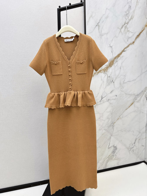 Chanel French Tweed V-neck Knit Dress with Ruffled Collar