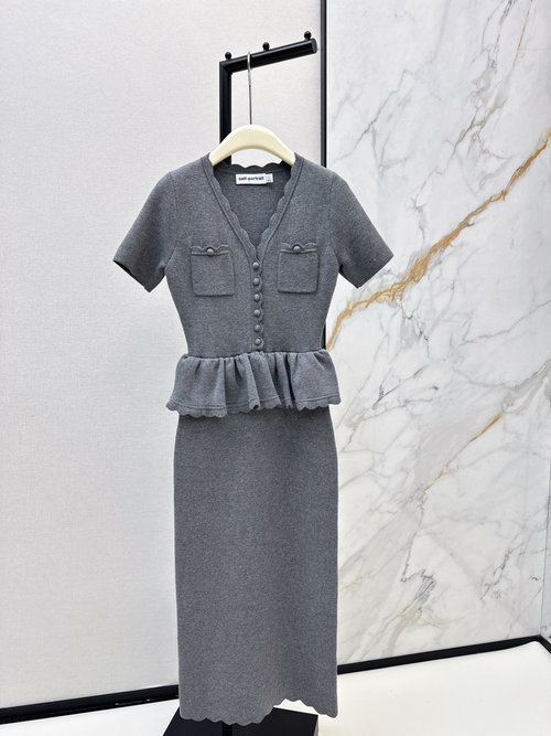 Chanel French Tweed V-neck Knit Dress with Ruffled Collar