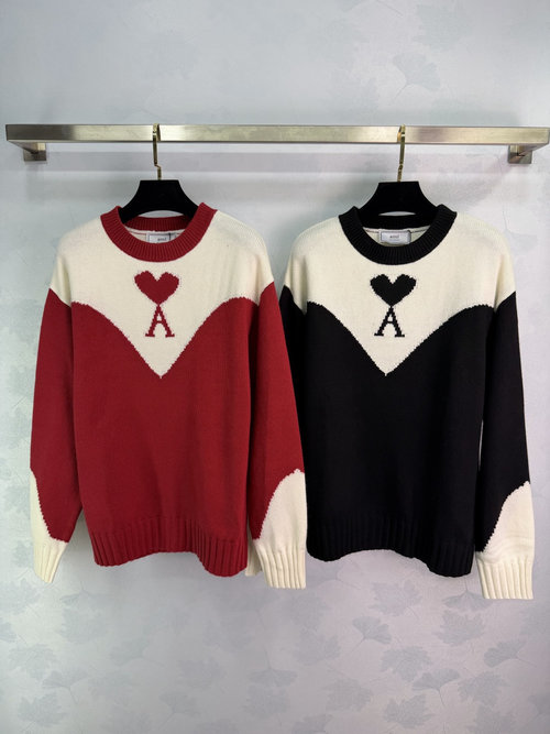 Ami Round Neck Knit Sweater with Heart Emblem and Relaxed Fit
