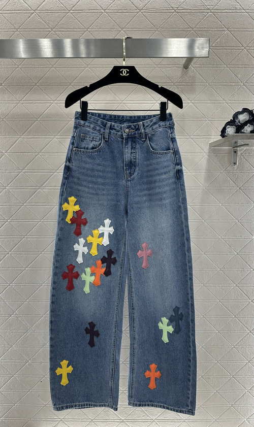 Chanel Colorful Leather Cross Embroidered Jeans with Retro Style